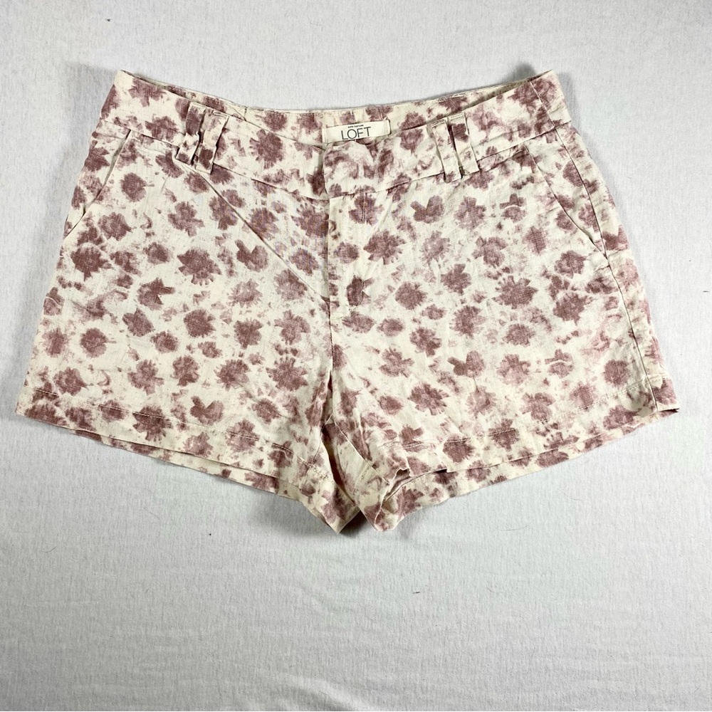LOFT Floral Print Linen Blend Chino Shorts Size 6 Cream Dusty Pink Mid Rise